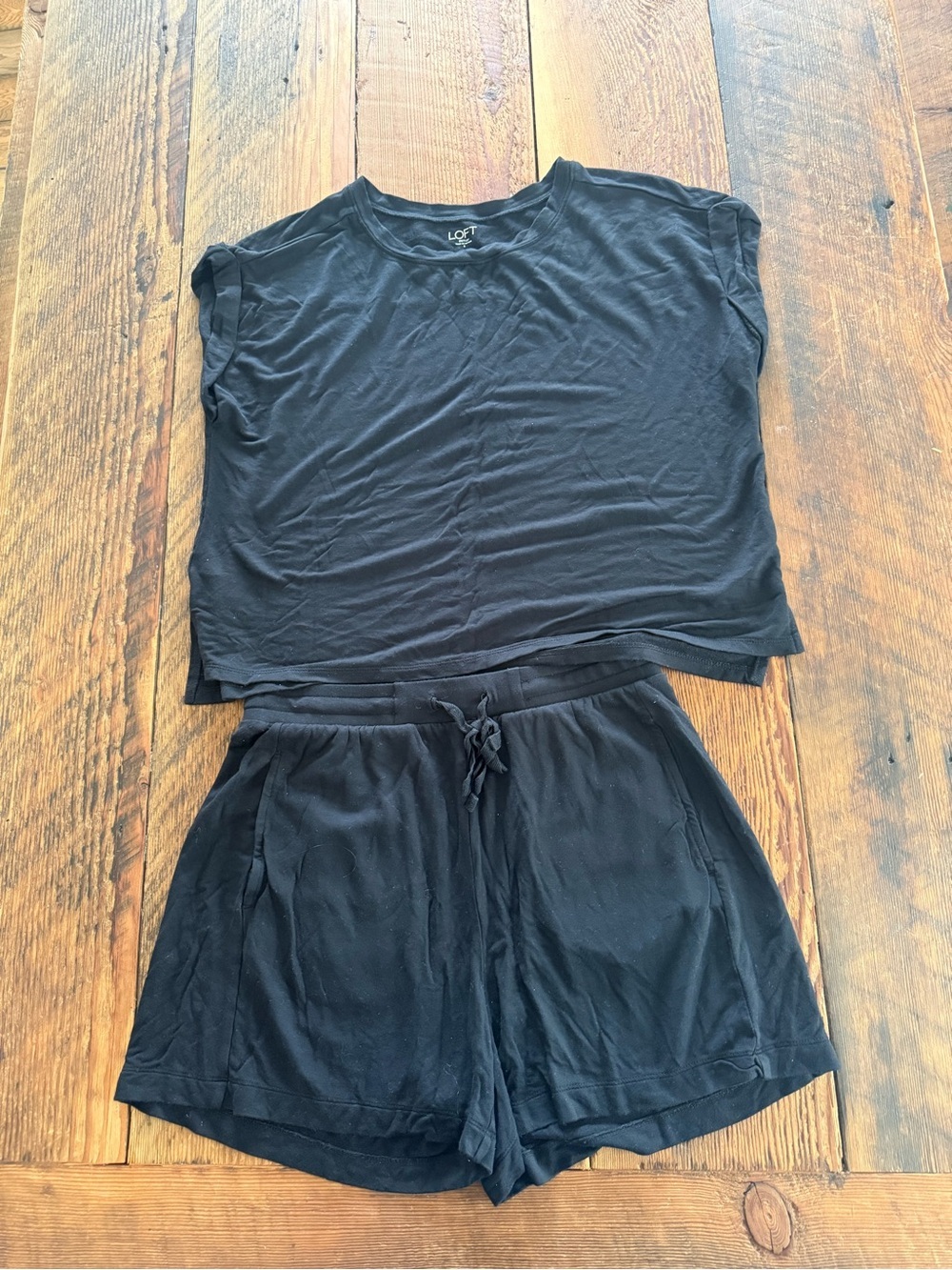 LOFT Black Casual Lounge Set - Tee & Drawstring Shorts